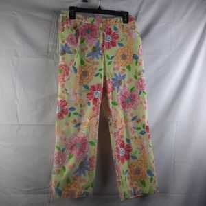 Talbots Bold Bright Lime green Floral Butterflies Stretch HI rise Crop pants 10